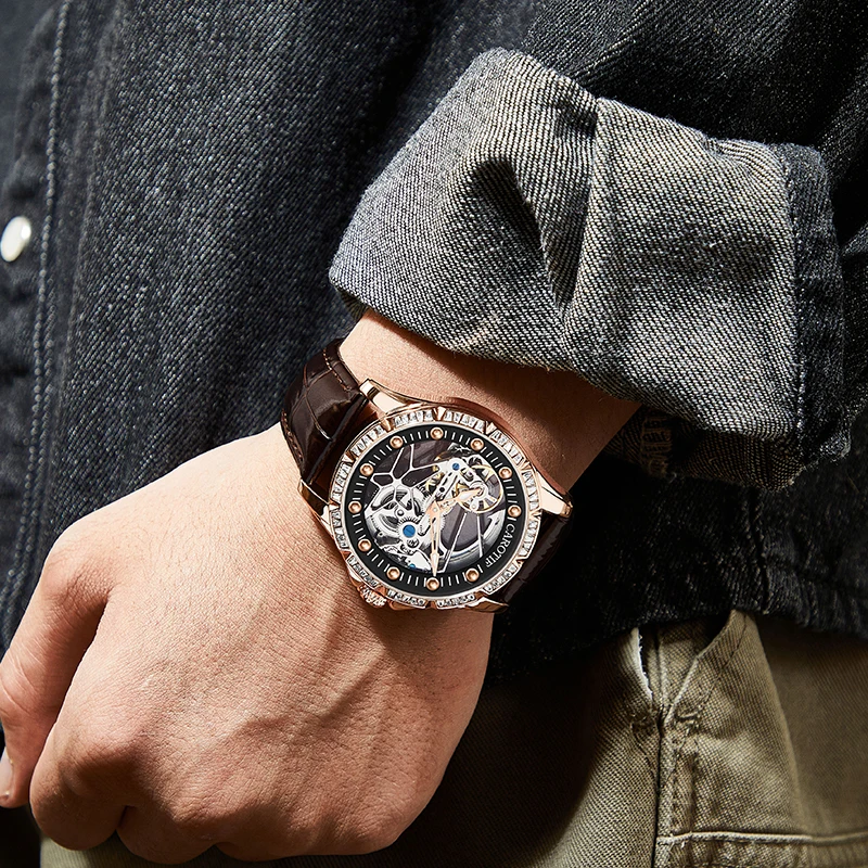 Men Fashion Transparent Men\'s Watch Mechanical Wristwatch Skeleton Automatic Watch for Men Business Leather Strap Clock relogio