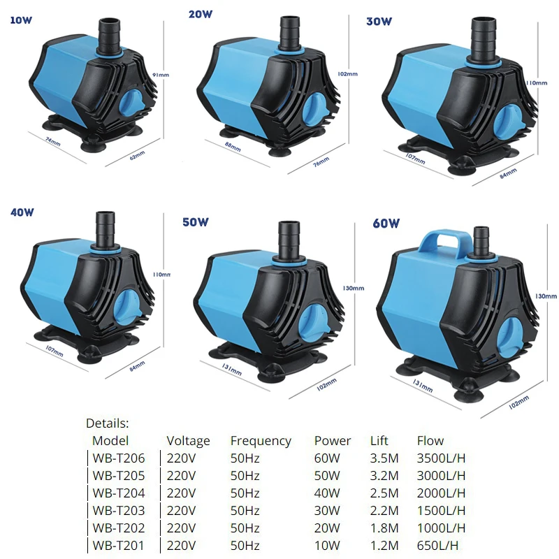 10/20/30/40/50/60W Multifunctional Aquarium Water Pumps Tank Pond Pool Fountain Pump 220V Waterproof Submersible Pond Water Pump