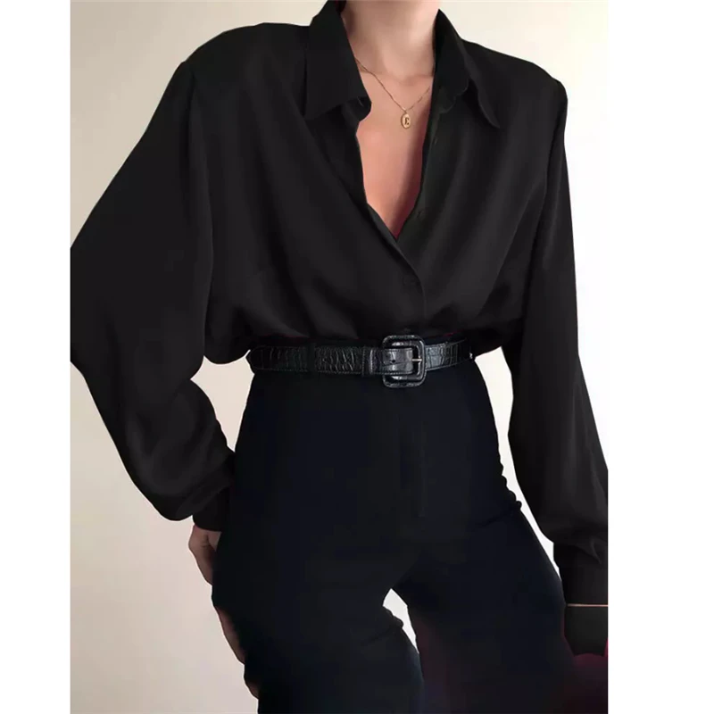 Hot Sale Fashion Autumn Women Blouse Shirt Lapel Long Sleeve Solid Black Red Ladies Blouse For Women Female Top Clothing New