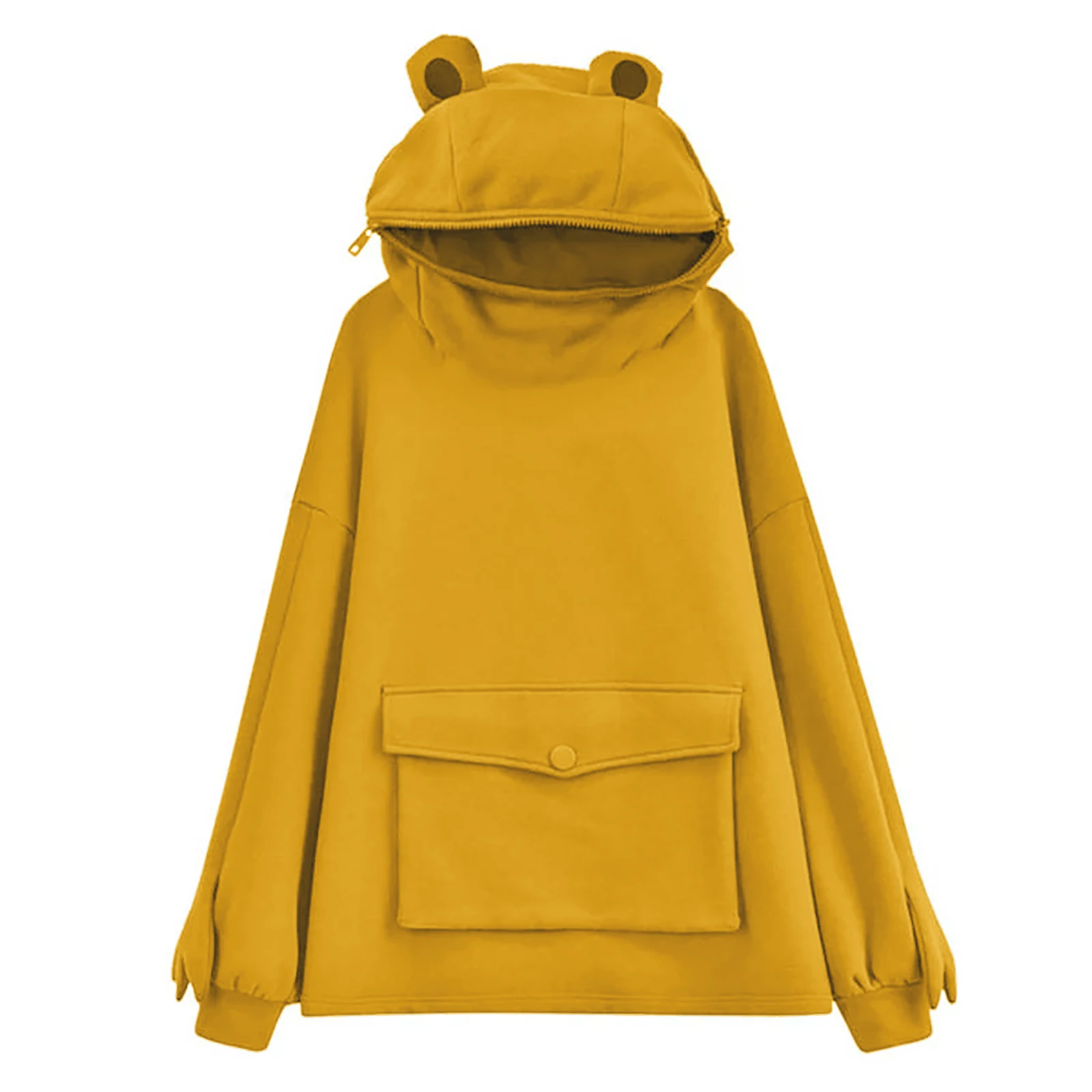 

Autumn Winter Frog Hoodie for Women Sweatshirt Solid Color Hooded with Flap Pocket Casual Fashion Lazy Style Coat Loose Top