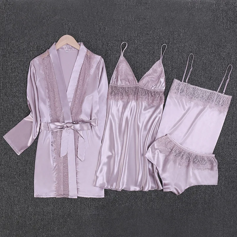 

Female SpringSummer Silk Four-Piece Suit Sexy Suspender Nightdress Nightgown Thin Home Service Satin Silk Bathrobe Sleepwear