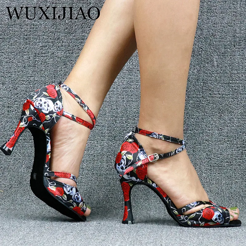 WUXIJIAO Professional ballroom dance shoes ladies halloween skull salsa shoes satin 10 cm high heels ladies latin dance