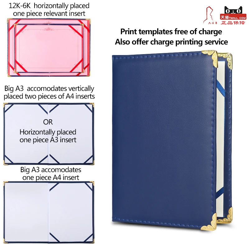 A4 Size Blank Certificate Holder Customized Blue Leather Smooth Padded Diploma Cover Of Graduation Degree Folder