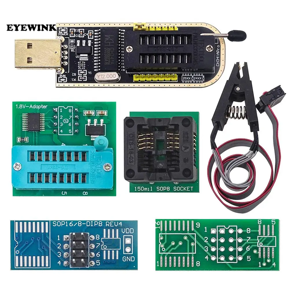 CH341A 24 25 Series EEPROM Flash BIOS USB Programmer Module + SOIC8 SOP8 Test Clip + 1.8V adapter + SOIC8 adapter DIY KIT