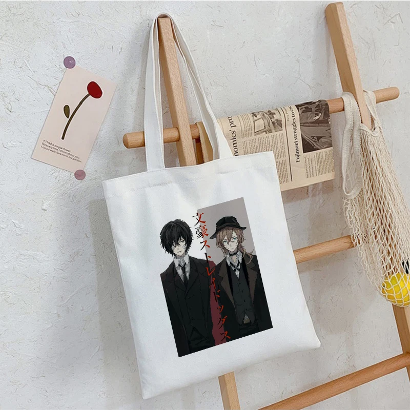 Women Bungo Stray Dog Japanese Anime Black Cotton Canvas Shopper Bag Girl Harajuku 90s Y2K Classic Vintage Shoulder Handbag