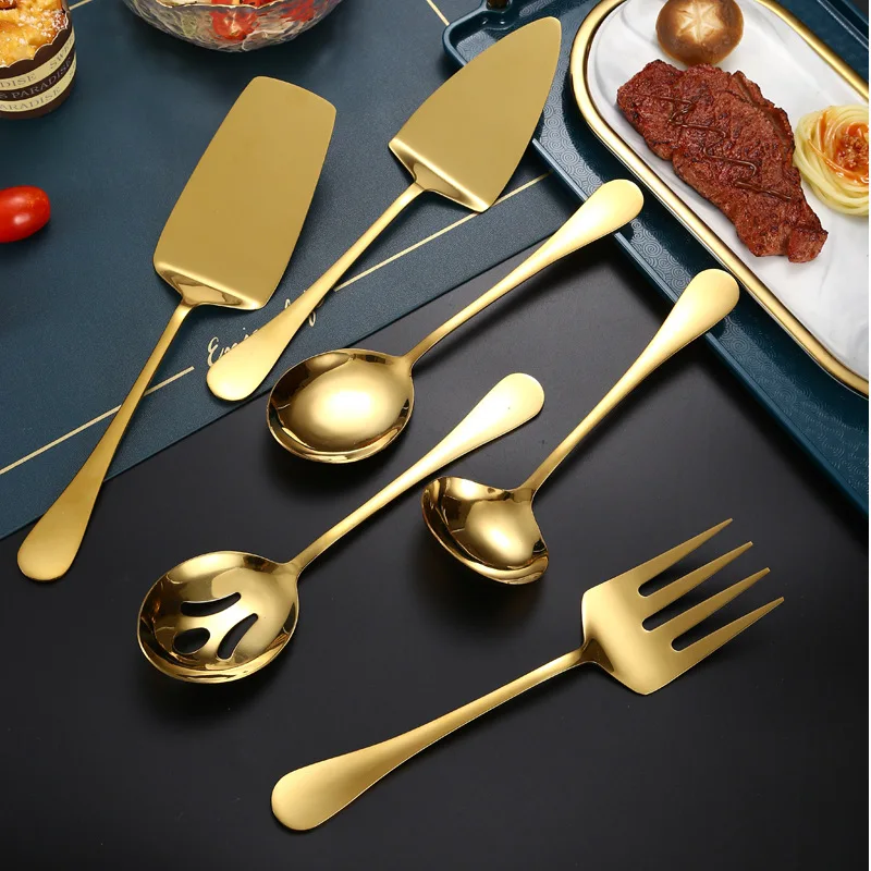 Gold Stainless Steel Western Serving Tableware Fork Spoon Shovel Set Portable Cutlery Dinnerware for Steak Kitchen Utensils