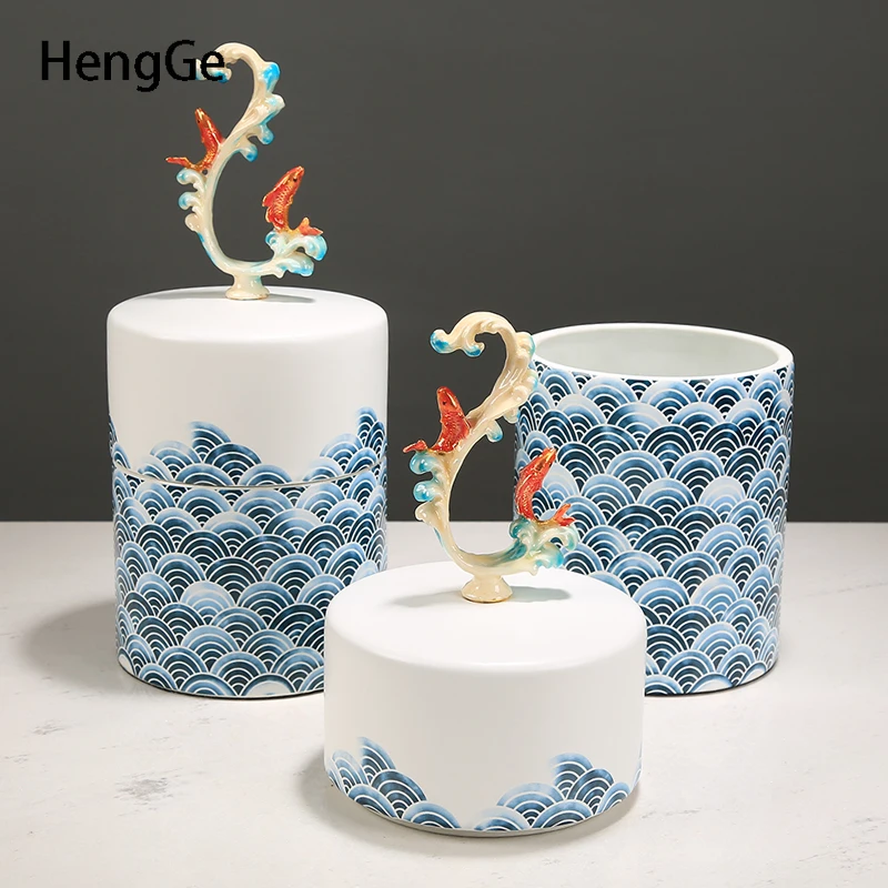 Creative Relief Koi Ceramic Jars with Lid New Chinese Enamel Suger Jar Desktop Storage Ornament Handwork Colorful Painting Craft