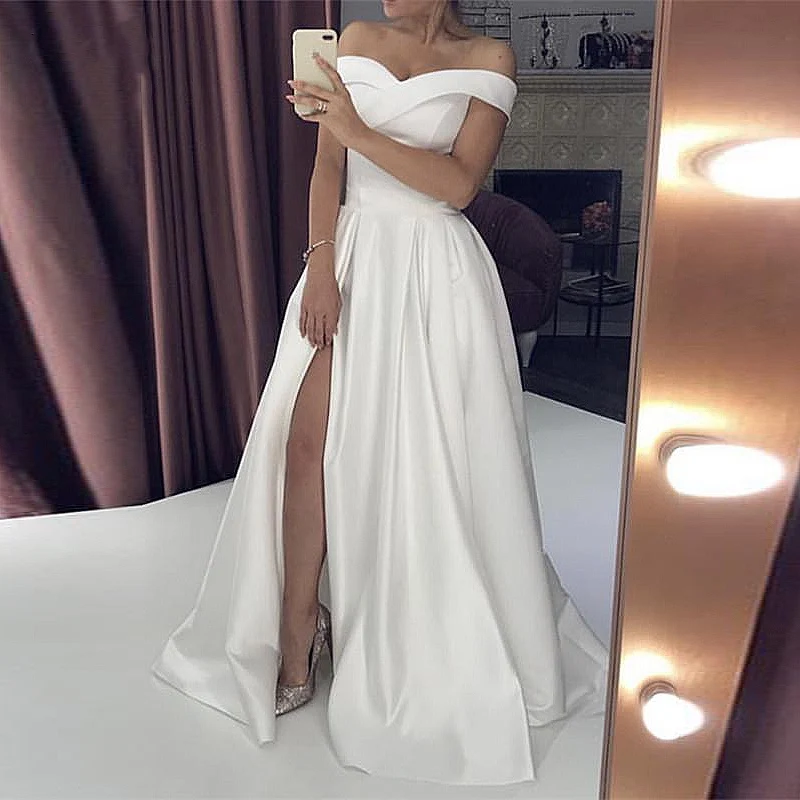 

Wedding Dresses 2019 Satin Off the Shoulder Bridal Gown Right Split Backless vestido de noiva custom made plus size