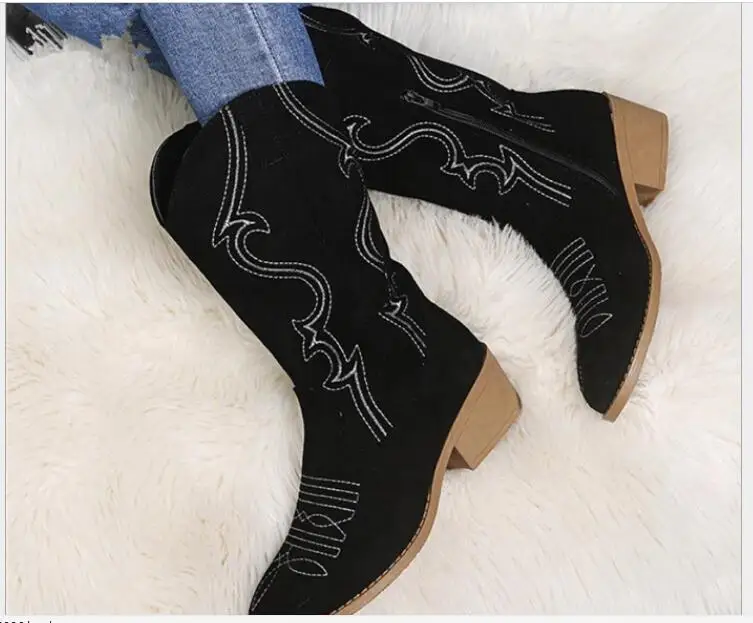 Autumn Flat Platform Cowboy Boots Women Shoes Autumn Winter Fur Leather Boots Fashion Round Toe High heels Ladies Shoes Large s