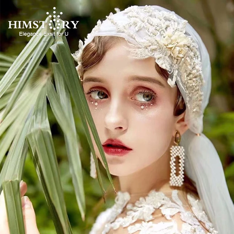 HIMSTORY New Designs European White Long Bridal Veils Handmade Lace Flower Beaded Hairwear