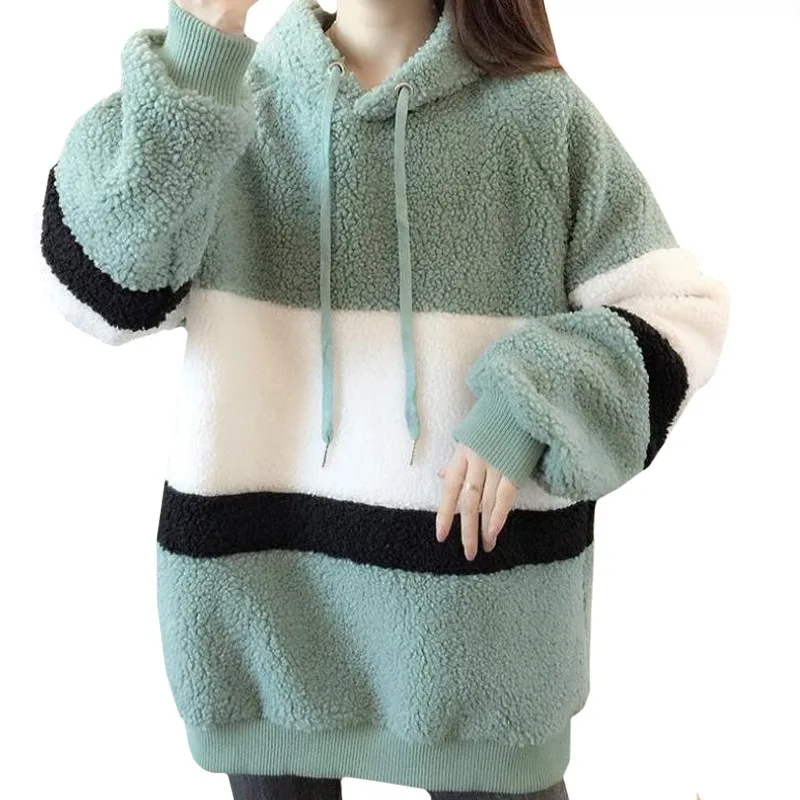 Winter New Products Lady Clothes Women Hoodie Keep Warm Lamb Wool Harajuku Sweatshirt Splicing Bean Green Coat Pullover Female