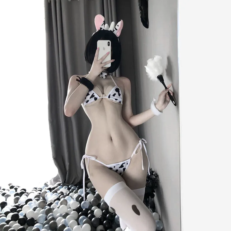 Sexy Women Milk Cow Cosplay Lingerie Set Kawaii Japanese Anime Mini Bikini Underwear Halter Bra Panties Cow Printing Stockings