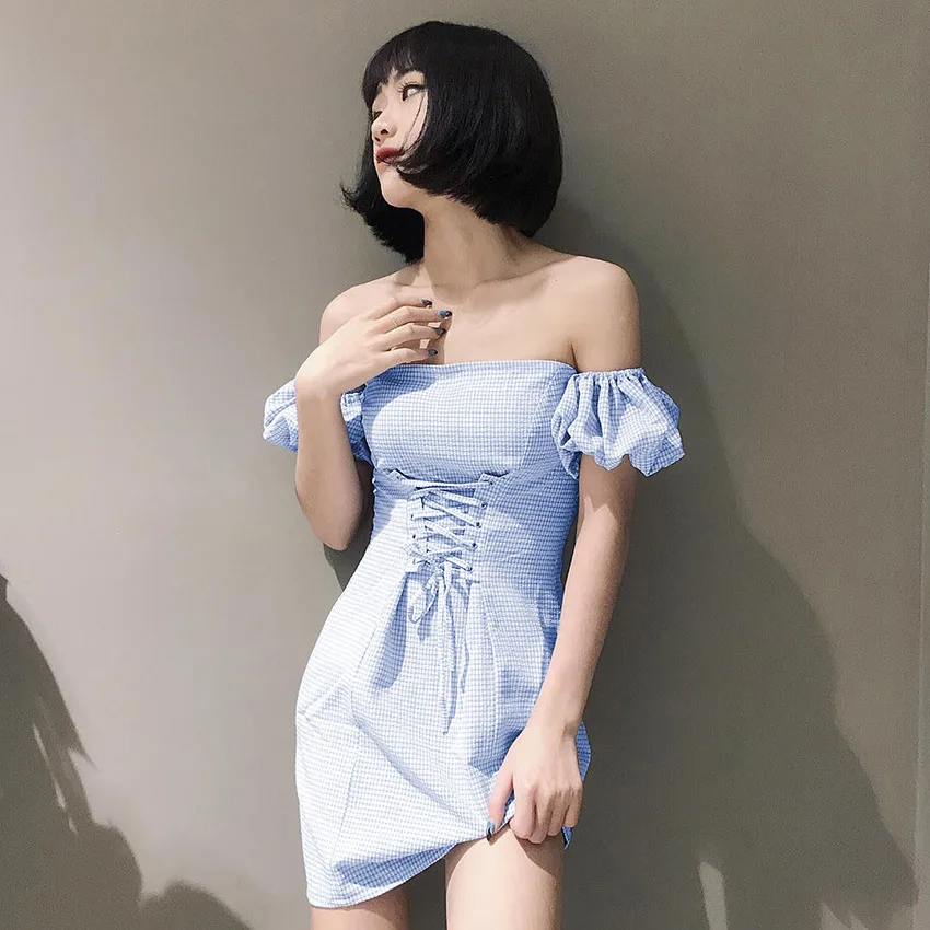 Elegant Dress Sexy Slim Skirt Women Blue Plaid Sweet Fashion Summer Off Shoulder Short Sleeve  Strapless Chest Wrapping Dress