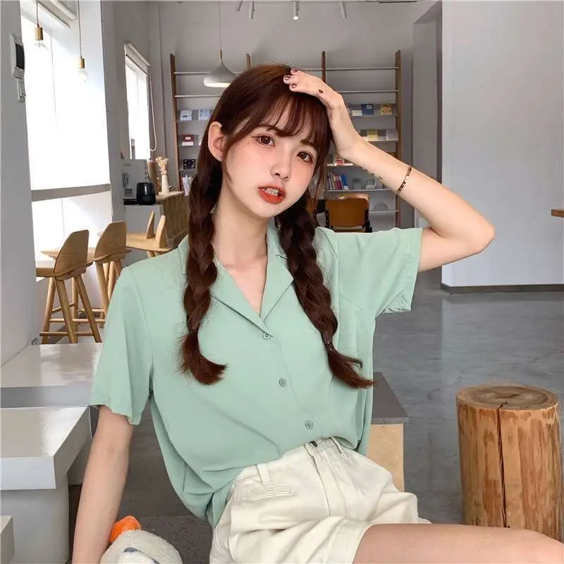 11 Colors Shirts Women Colorful Simple Notched Sweet Girls Korean Tops Leisure Short Sleeve Student All-match Version Female Ins