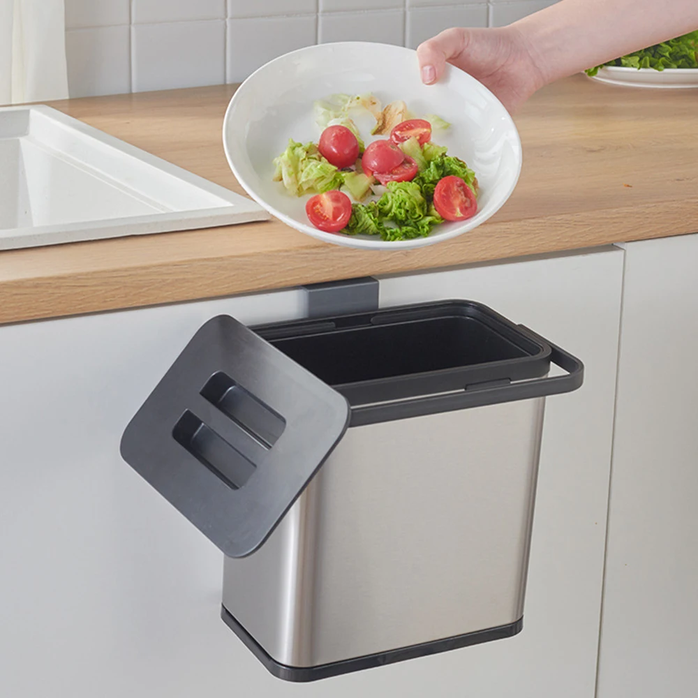 Kitchen Stainless Steel Waste Bin Kitchen Cabinet Door Hanging Trash Can Wall Mounted Trashcan Bathroom Toilet Garbage Storage