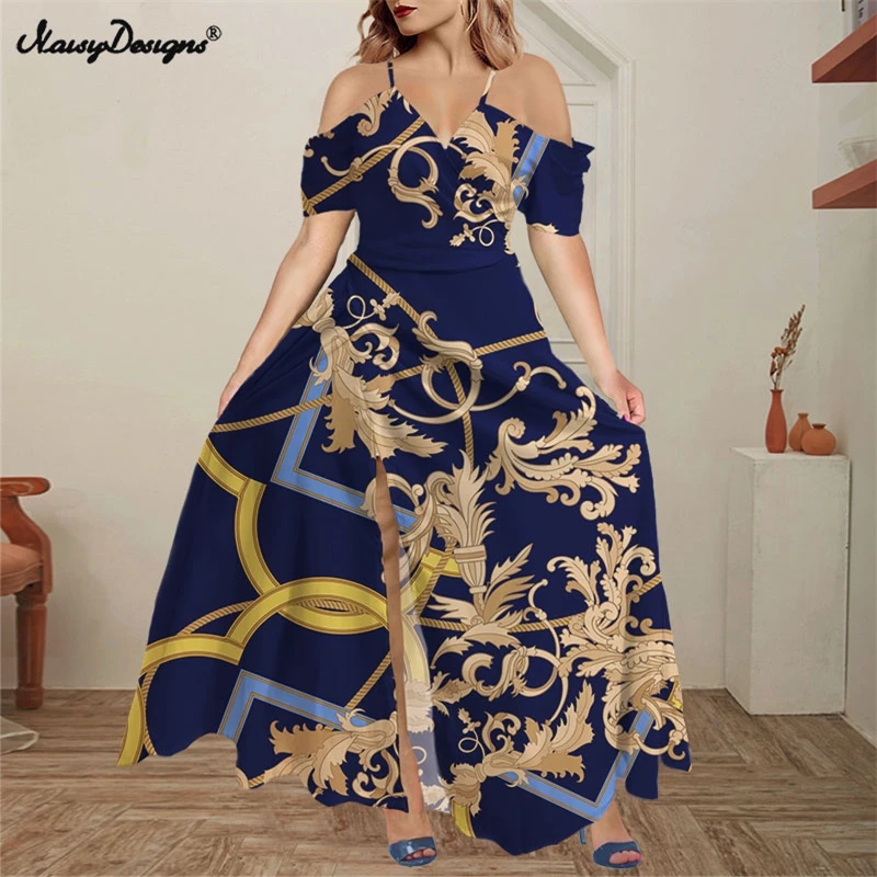 

Noisydesigns Blue Floral Pattern Split Dress Women's Sexy Off Shoulder Ruffles Luxury 2021 Summer Party Boho Maxi Vestidos New