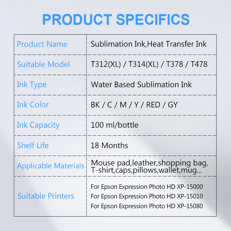 100ML/Set Sublimation Ink For Epson Expression Photo HD XP-15000 XP15000 XP-15010 XP15010 XP-15080 XP15080 Printer T312 T314 XL