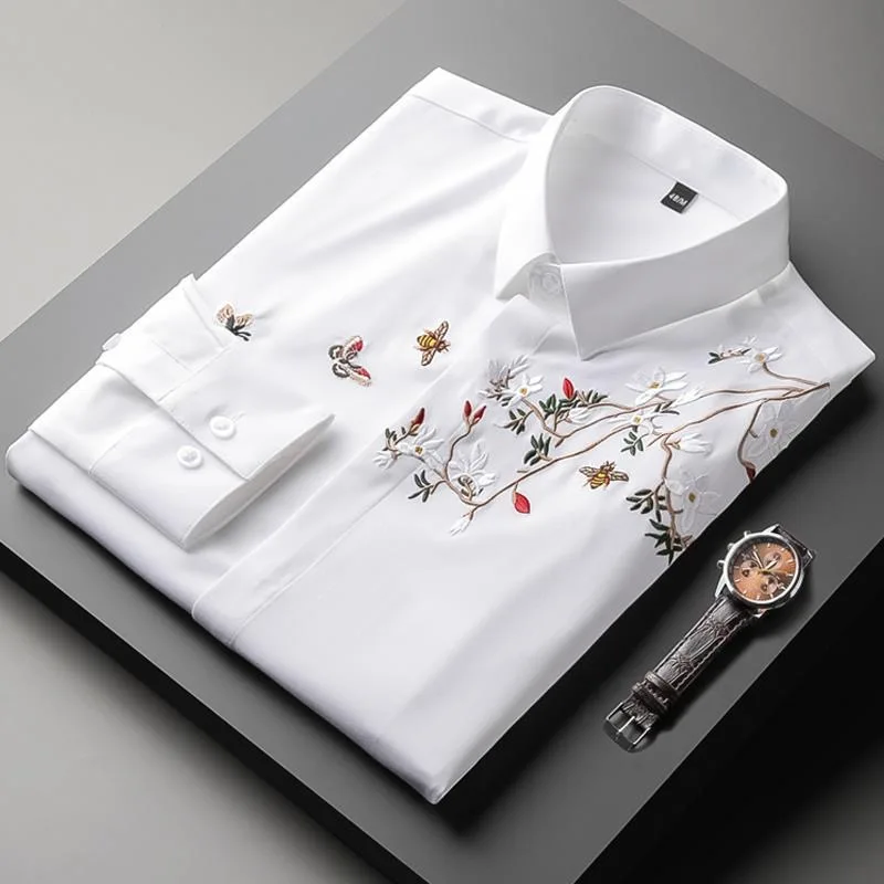 Chinese style flower and Bird Embroidered white shirt men\'s long sleeve spring and autumn youth slim fit anti wrinkle trend top