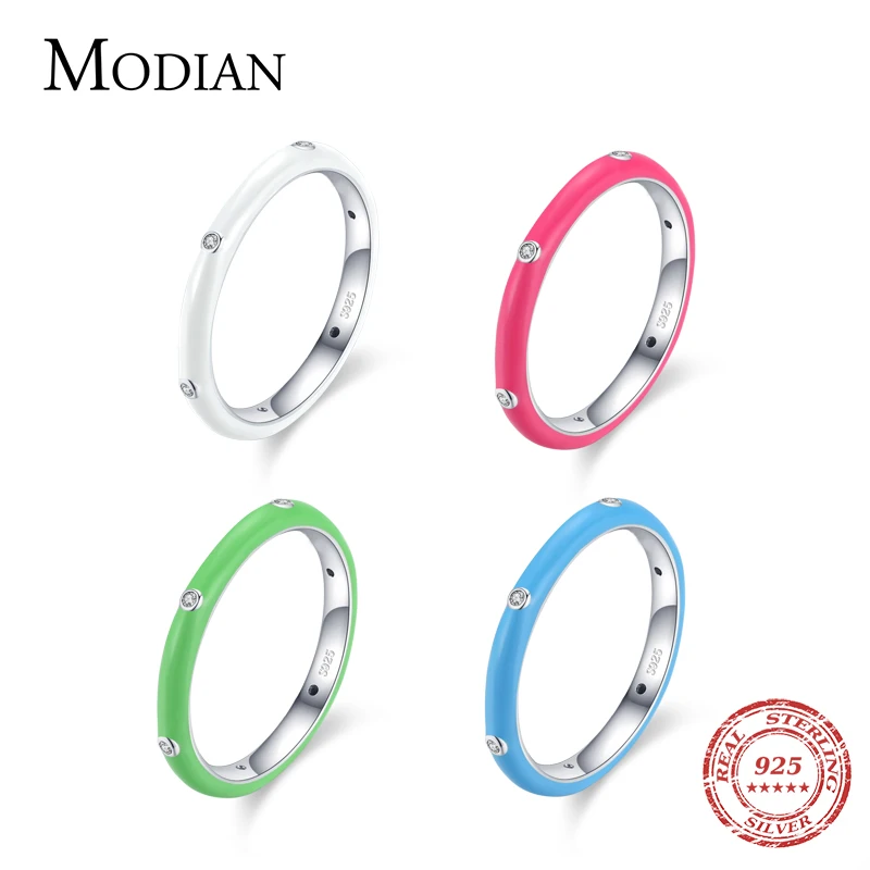 Modian 2021 Real 925 Sterling Silver Rainbow CZ Simple Fashion Finger Ring Stackable Enamel Rings For Women Brand Fine Jewelry