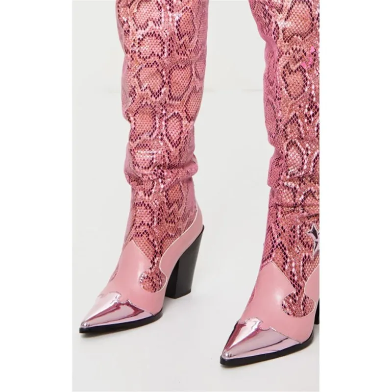 2024brand fashion pointed toe snake print microfiber knee high boots sexy high heels shoes woman ladies autumn winter boots pink