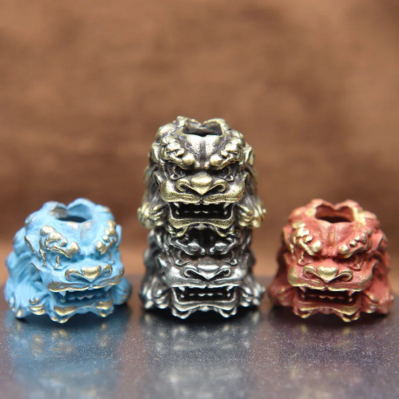 Chinese Ancient Palace Lion Head Knife Beads Brass Animal Figurines EDC DIY Paracord Woven Lanyard Pendants Jewelry Accessories