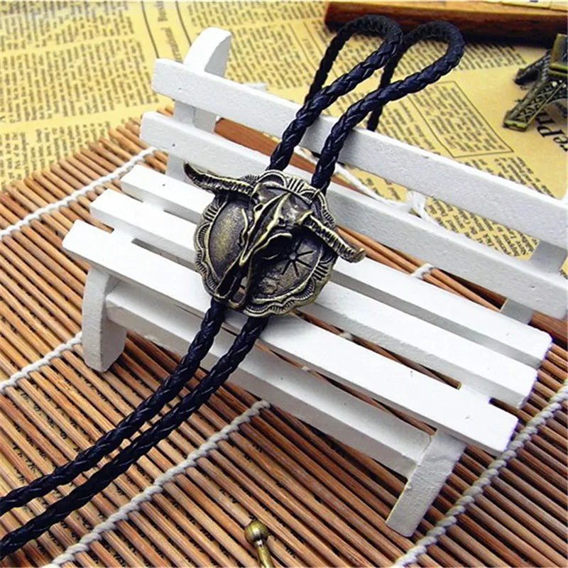 Bolo tie Retro Bull Head Shirt Chain Bison Cow Poirot tie Rope Leather Necklace