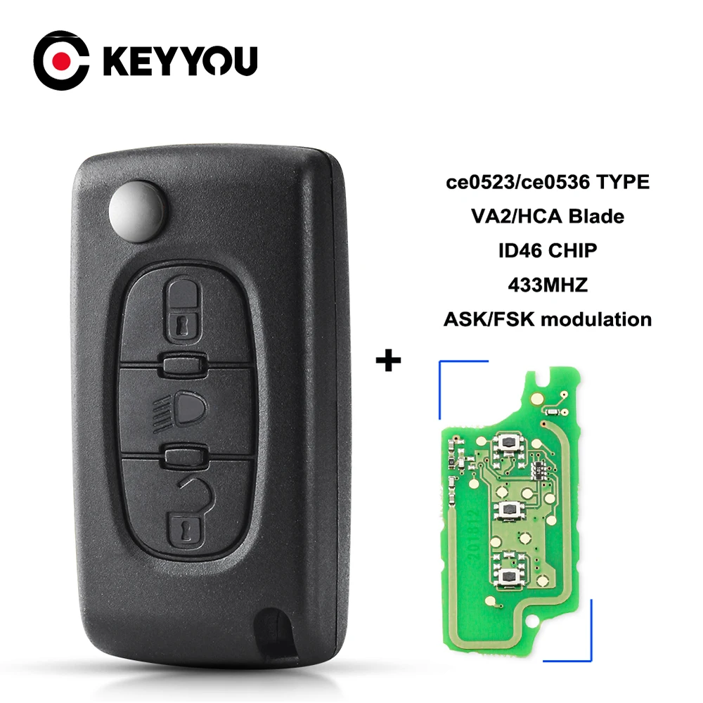 

KEYYOU ASK For Citroen C2 C3 C4 C5 C6 C8 433Mhz 3 Buttons Light Flip Remote Key Fob Control ID46 VA2 HU83 Blade CE0523 CE0536