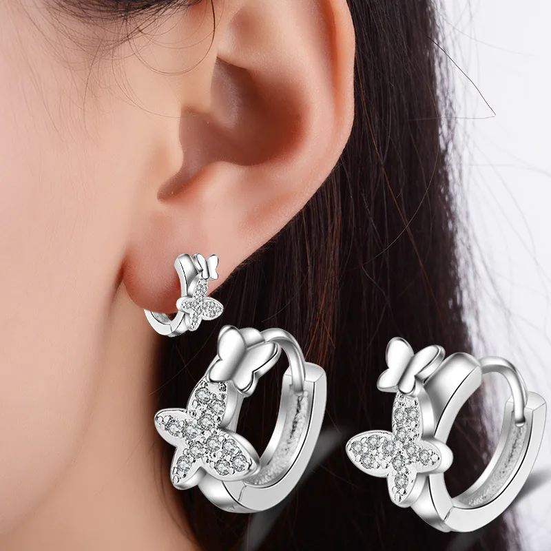 Baby 925 Silver Clear CZ Cute Animal Double Butterfly Hoop Earring For Kids Children Girls Women Loop Huggies Earring Jewelry