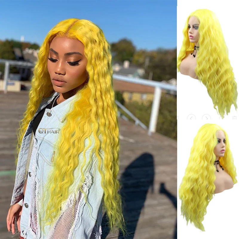 Long Yellow Lace Front Wigs for Women Natural Hairline Wave with Middle Part Glueless Kanekalon Synthetic Heat Fiber Wigs 24Inch