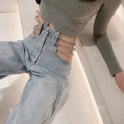 Women Casual Hollow Out Full Length Straight Jeans Female High Waist Chain Patchwork Denim Wide Leg Pant Fashion Clothes New