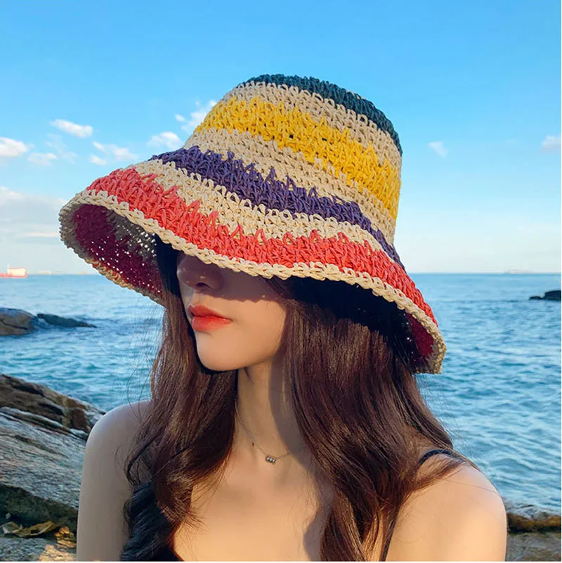 Sombrero de paja de ganchillo para mujer, visera plegable con protección UV, Arco Iris, hecho a mano, para playa, verano, 2021