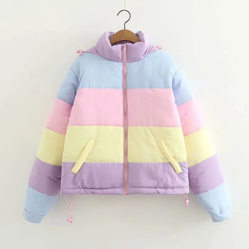 Winter Thicken Rainbow Contrast Women\'s Down Jacket Loose Padded Student Winter Coat Women Warm College Parka Female