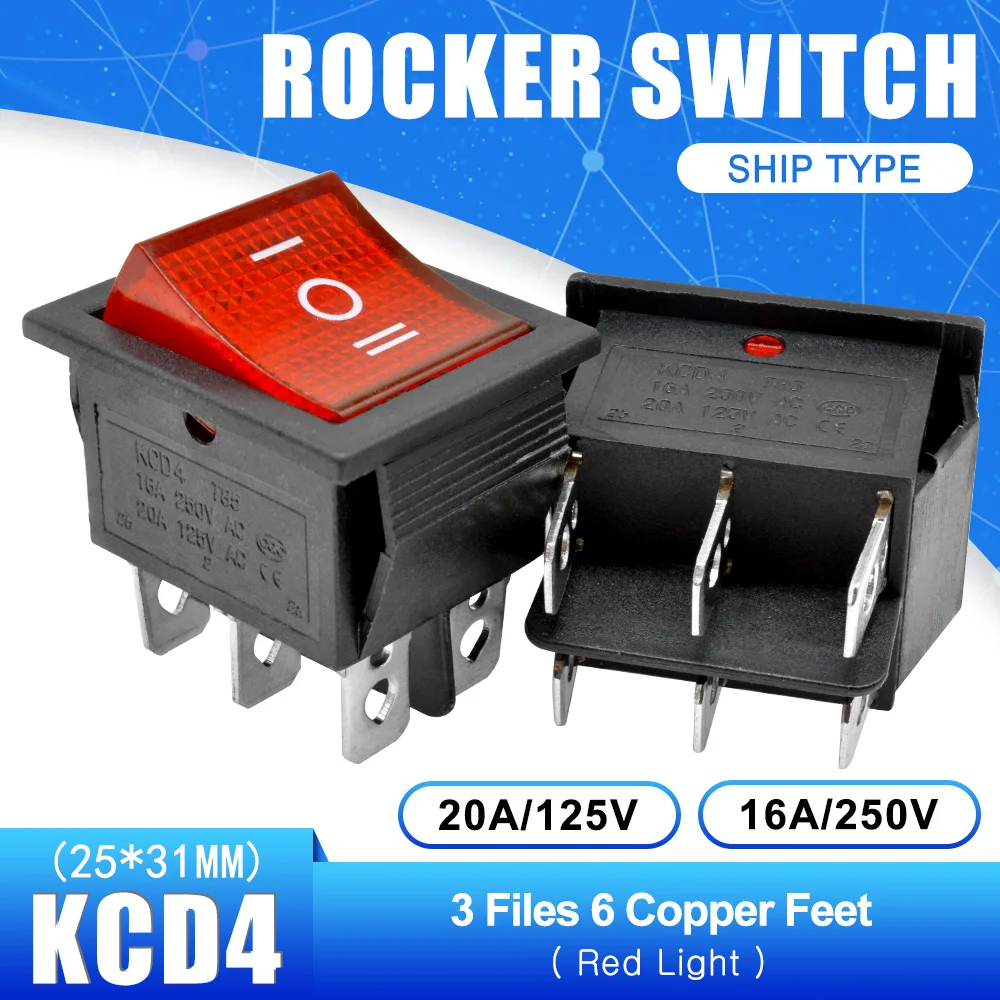 AC 250V 16A KCD4 Rocker Switch Button ON-OFF-ON 3 Position 6 Pins Electrical Equipment With Light Power Switch 25*31MM