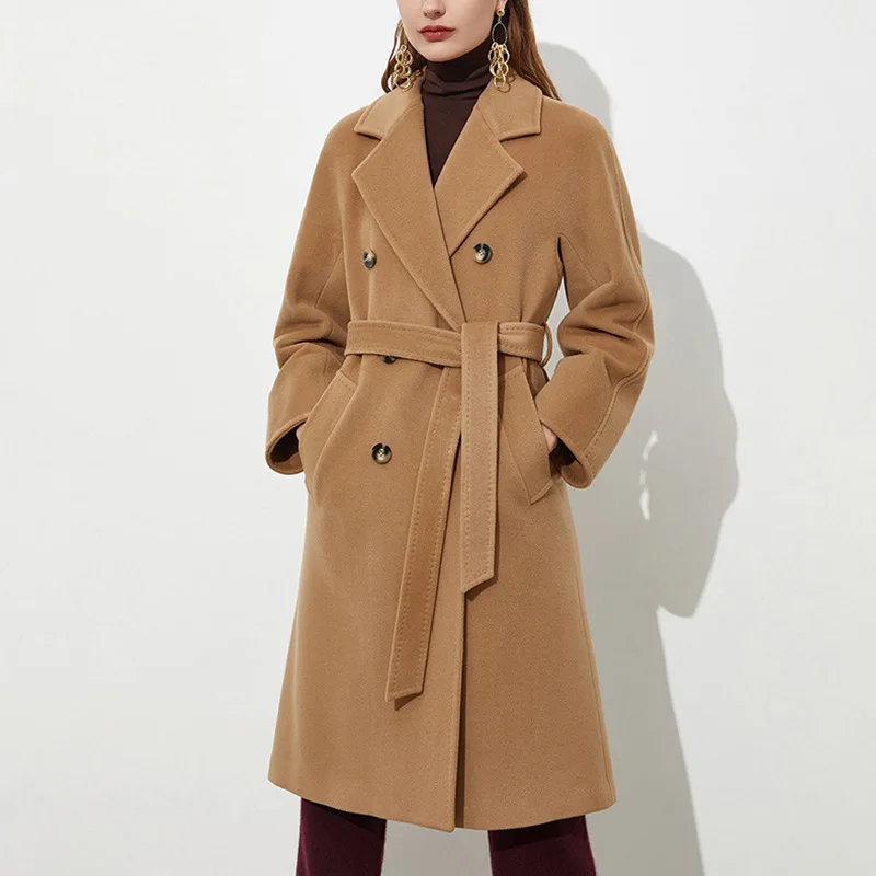 

2021 Autumn Winter Women 100% Wool Double Sided Woolen Coats Notched Collar Solid Double Breasted Office Lady Good Outerwear