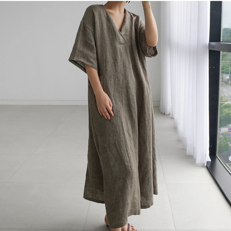 NINI WONDERLAND 2021 Autumn Women V Neck Cotton Linen Big Size Dress  Summer Loose Slit Casual Dress Vintage Robe Korean Style