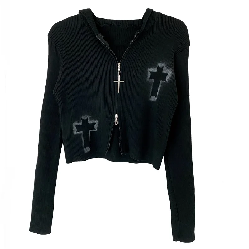 Gothic Dark Black Knitted Cardigan Rock Punk Cross Print Autumn Long Sleeve Zipper Slim Knitted Sweater Female Streetwear