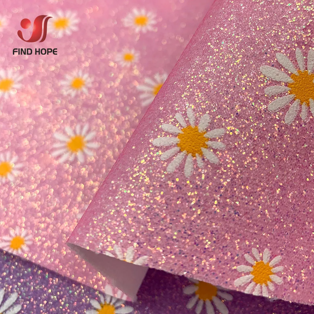 A4 20*30CM Glow in the dark Daisy Floral Printed Fine Glitter Faux Leather Sewing Fabric Sparkle DIY Craft Brooch Bows Earring