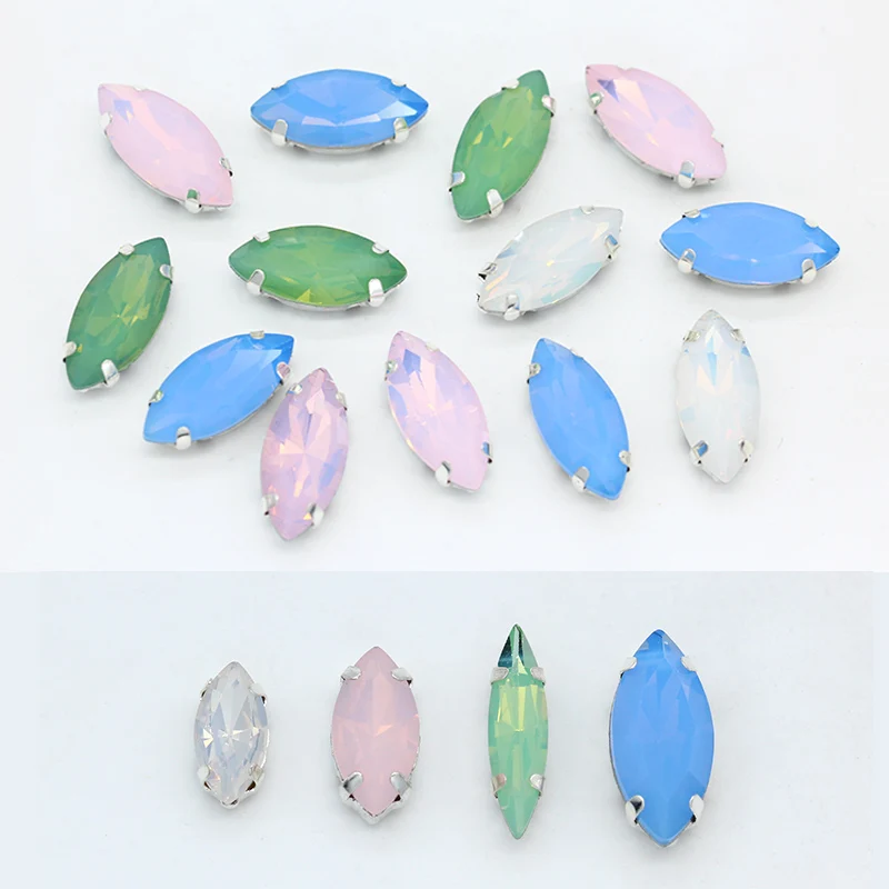 

Fashion Opal Stones Navette Horse eye shape Glass Crystal Sew On Rhinestones With Silver Claw For Sewing Clothing wedding Diy