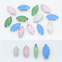 Fashion Opal Stones Navette Horse eye shape Glass Crystal Sew On Rhinestones With Silver Claw  For Sewing Clothing wedding Diy