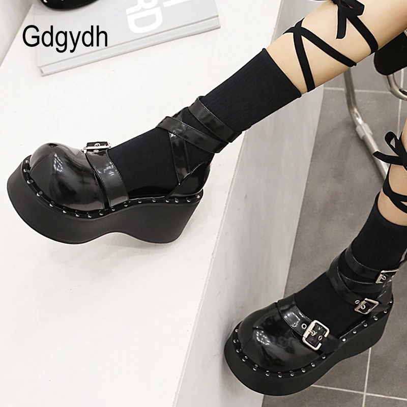 Gdgydh Dark Gothic Shoes Platform Pumps Women Belt Buckle Ankle Strap Metal Decoration Wedge Heel Female Footwear Gothicgirls