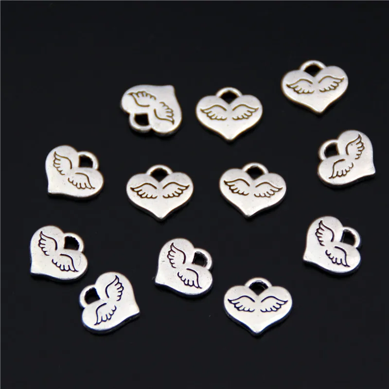 100pcs  Silver Color Heart Angel Wings Charm Pendant For Bracelet Necklace Jewelry DIY Making Handmade Accessories A2491