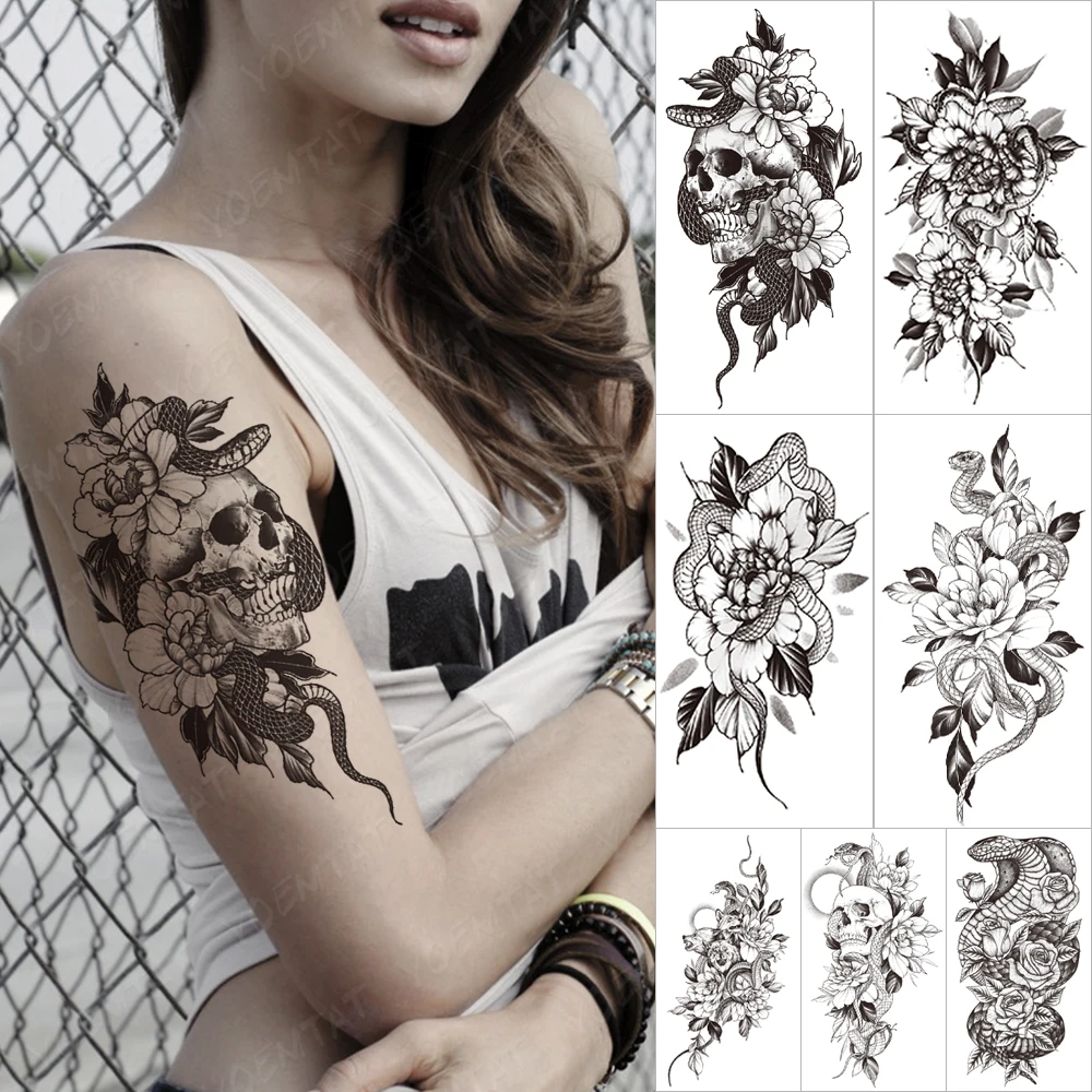 

Transferable Waterproof Temporary Sleeve Tatooo Sticker Peony Flower Snake Skull Demon Tattoo Arm Body Art Fake Tatoo Man Women