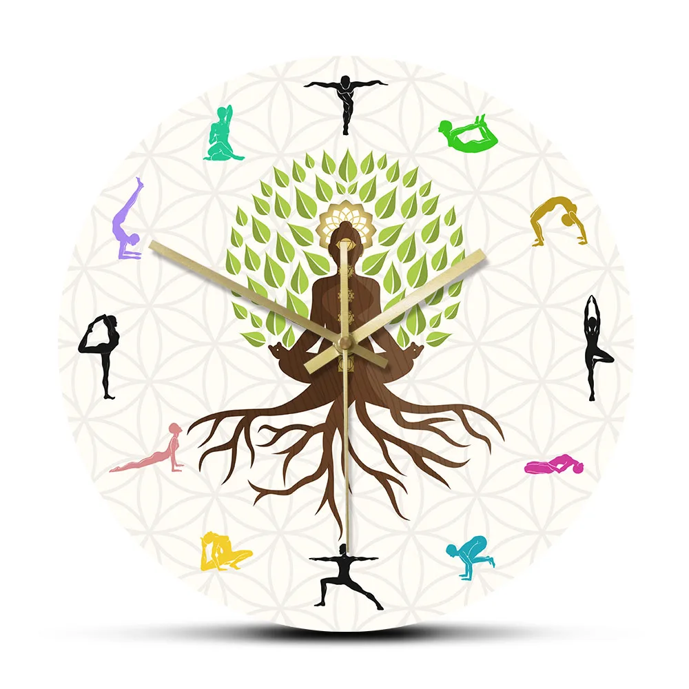 Yoga Studio Tree Of Life Colorful Wall Watch Clock  Natural Energy For Meditation Silent Horloge Klok Lotus Pose Tree Watch