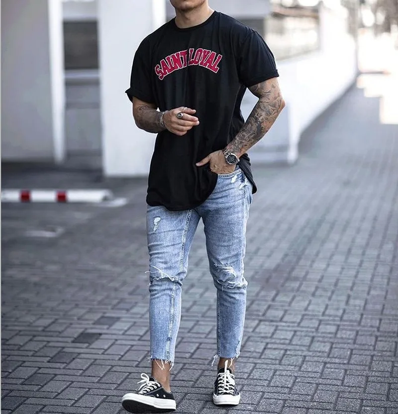 Casual Skinny Jeans Ankle Length Ripped Denim Pant Zipper Fly Men Clothing Cut Bottom Pencil Pant Light Blue Cowboys Streetwear