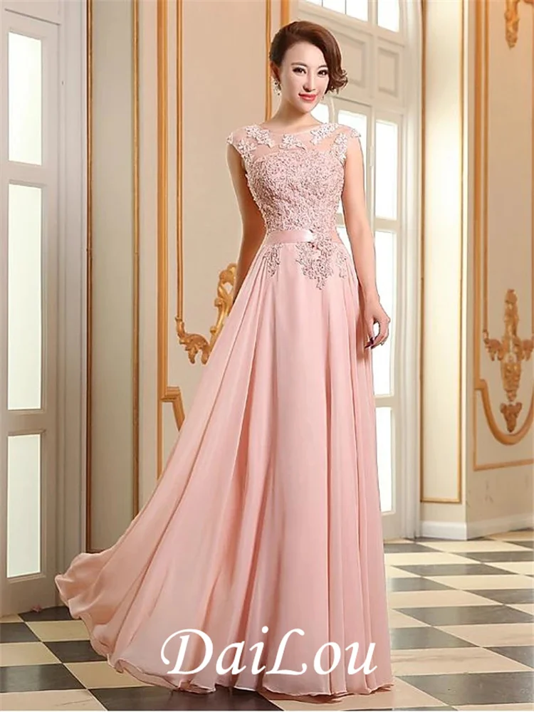 

A-Line Empire Elegant Prom Formal Evening Dress Illusion Neck Sleeveless Floor Length Georgette Beaded Lace with Appliques 2021