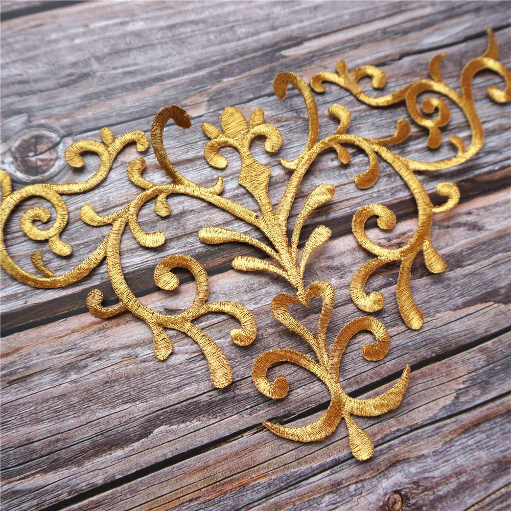 Gold Baroque Appliques Embroidered Gown Fabric Collar Sew Iron On Patches For Wedding Decoration Dress DIY