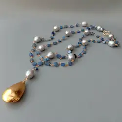 YYGEM Natural Blue Kyanite Freeform Gray Rice freshwater Pearl statement Wrap Necklace Teardrop Gold Brushed beads Pendant 21
