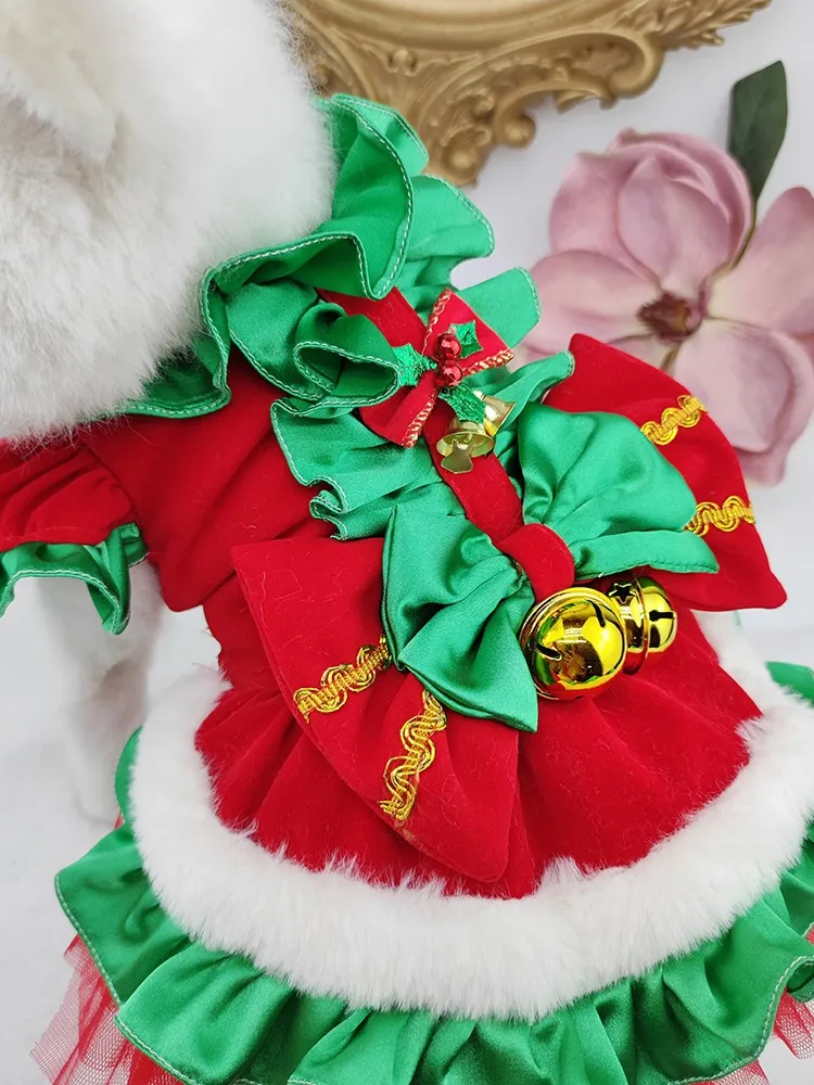 Handmade Winter Dog Clothes Coat Dress Pet Supplies Christmas One Piece Velour Costume Big Bow Soft Comfortable Holiday Party