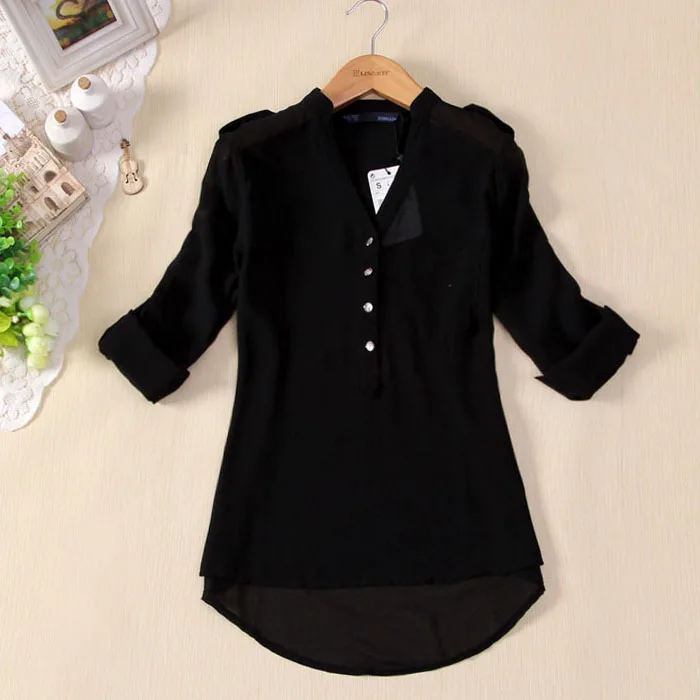 Women Blouse Button V Neck Spring Summer V-neck Chiffon fabric Long Sleeve Casual Shirt Office Lady Elegant Blouse Shirt Tops P5