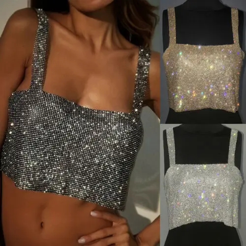 Fashion Women's Sexy Sequined Sleeveless Slash-neck Summer Tank Top Lady Club Crystal Rhinestone Chainmail Crop Tops